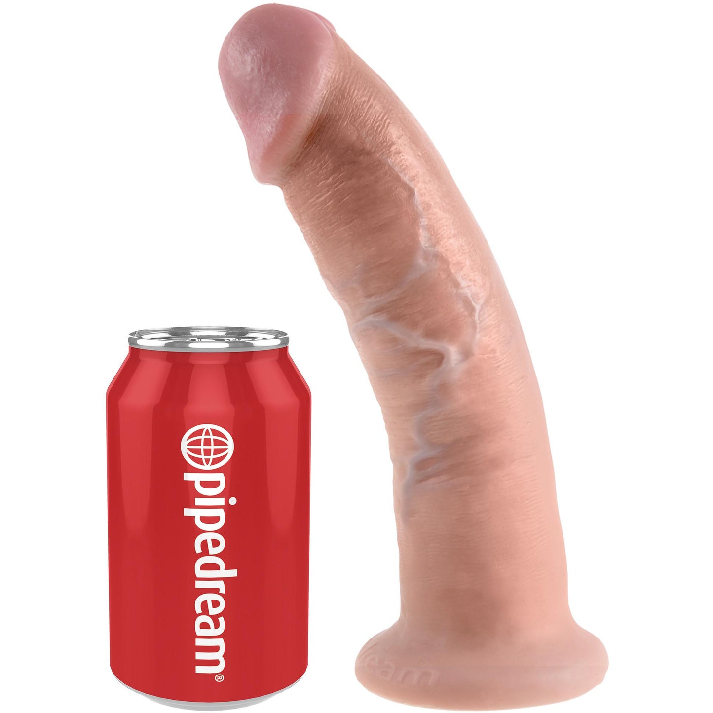 A realistic King Cock 9 Gay Dildo by Pipedream is displayed next to a red soda can branded pipedream for size comparison, emphasizing its impressive dimensions and body-safe materials.