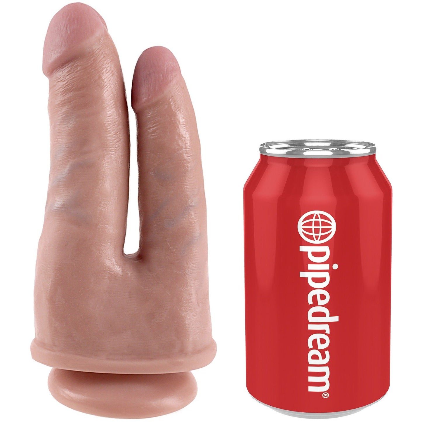 A King Cock Double Penetrating Dildo with a suction cup base is shown next to a red soda can for size comparison, highlighting the brand King Cock.