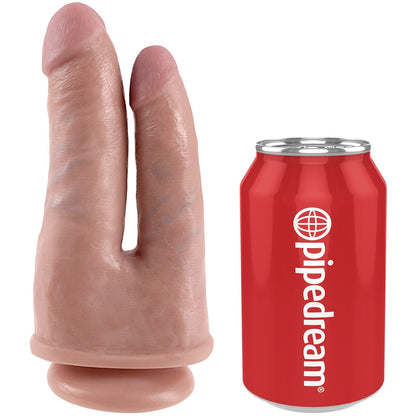 A King Cock Double Penetrating Dildo with a suction cup base is shown next to a red soda can for size comparison, highlighting the brand King Cock.