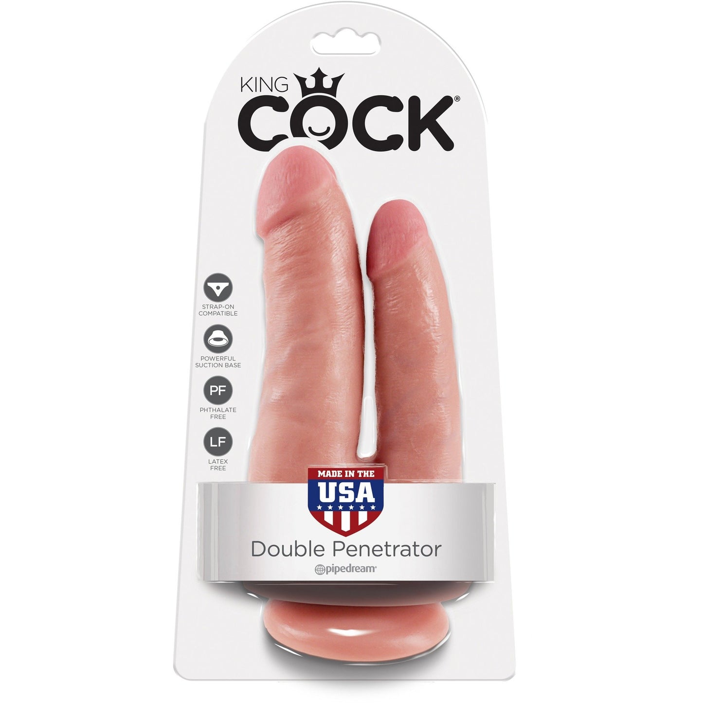 The King Cock Double Penetrating Dildo packaging features two realistic skin-tone dildos with suction cup bases, highlighting its body-safe, phthalate-free qualities. Made in the USA, its perfect for versatile play and use with strap-on harnesses.