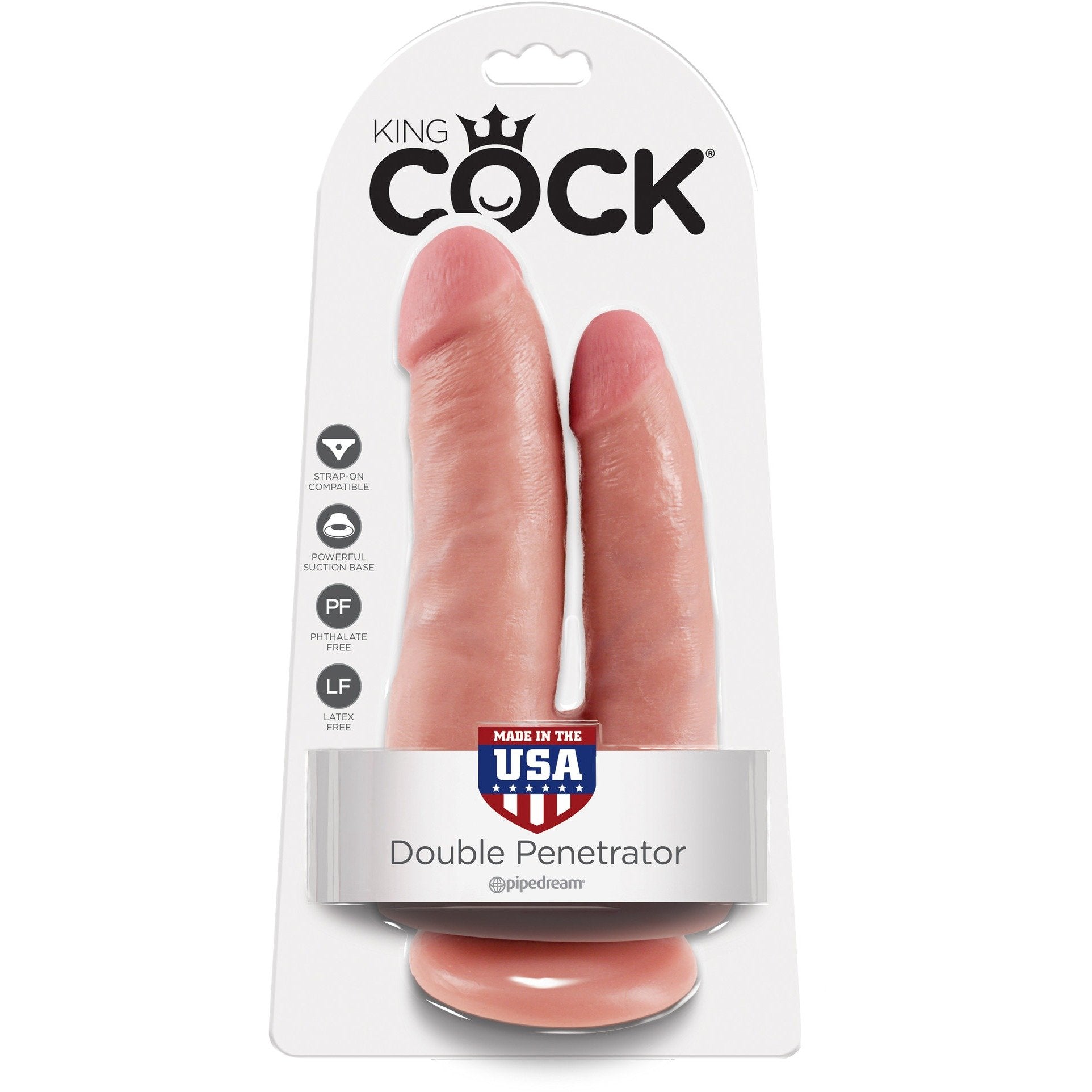 The King Cock Double Penetrating Dildo packaging features two realistic skin-tone dildos with suction cup bases, highlighting its body-safe, phthalate-free qualities. Made in the USA, its perfect for versatile play and use with strap-on harnesses.