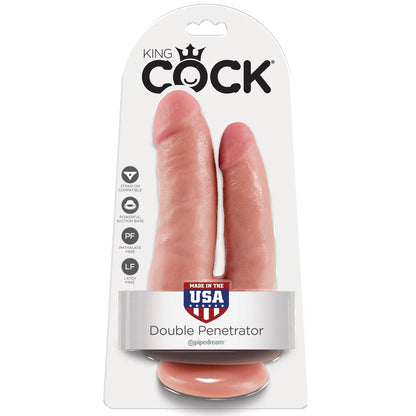 The King Cock Double Penetrating Dildo package shows two realistic silicone dildos in a light skin tone with a strong suction cup. Its made in the USA and designed for use with strap-on harnesses, offering versatile dual penetration options.