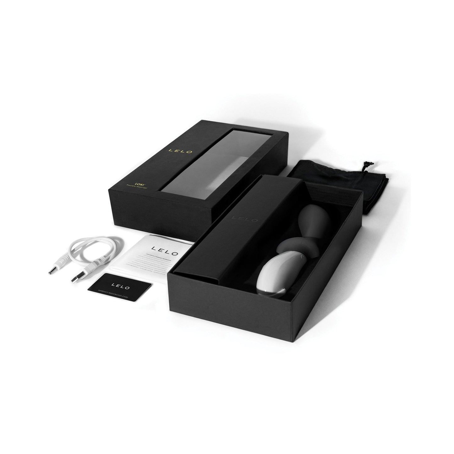 The LELO Loki - Prostate Vibrator comes in a sleek black and grey box set, including two oval-shaped P-spot stimulators, a USB cable, storage pouch, user manual, and warranty card, all adorned with the LELO brand name.
