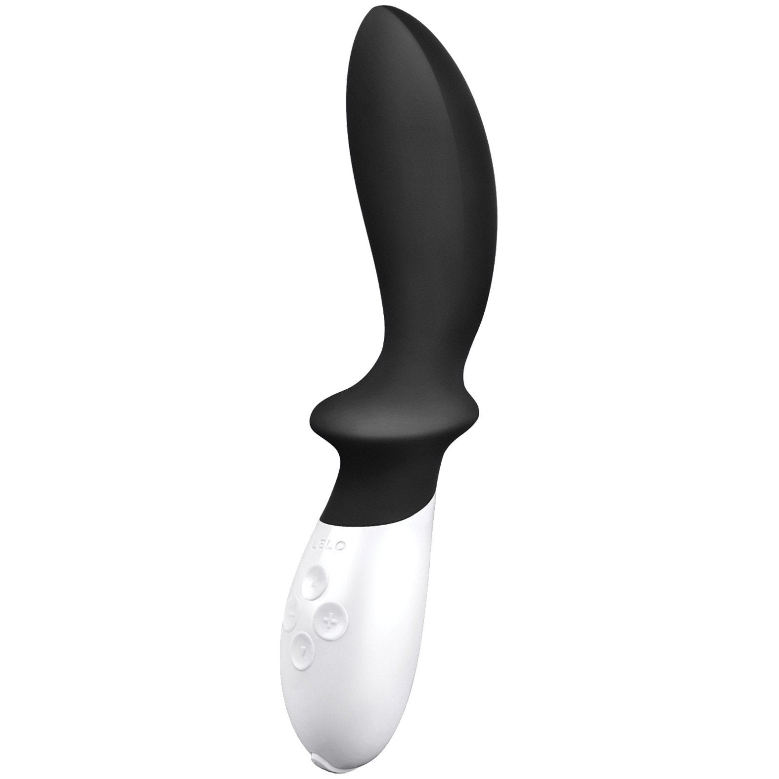 The LELO Loki Prostate Vibrator by LELO is a black and white curved massager with an ergonomic design for precise P-spot stimulation. It features control buttons on the white base and is USB rechargeable for convenience.
