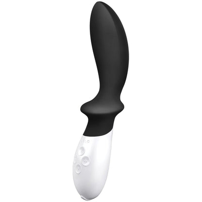 The LELO Loki Prostate Vibrator by LELO is a black and white curved massager with an ergonomic design for precise P-spot stimulation. It features control buttons on the white base and is USB rechargeable for convenience.
