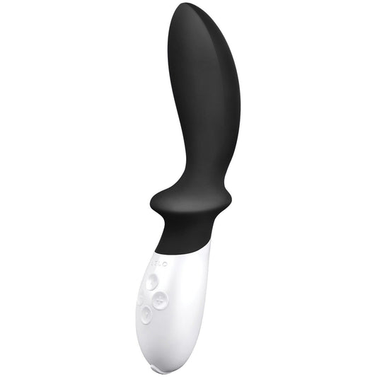 The LELO Loki Prostate Vibrator by LELO is a black and white curved massager with an ergonomic design for precise P-spot stimulation. It features control buttons on the white base and is USB rechargeable for convenience.