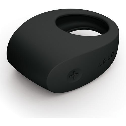 The LELO Tor 2 is a black silicone cock ring with a modern design featuring a circular opening and an embossed + symbol alongside the LELO brand name. This waterproof accessory combines durability and style.