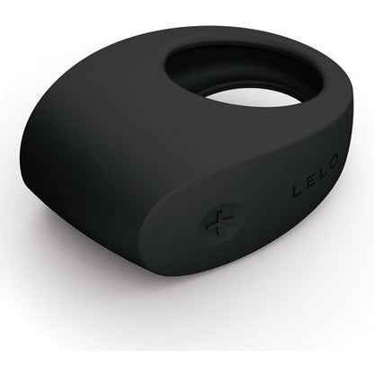 The LELO Tor 2 is a black silicone cock ring with a modern design featuring a circular opening and an embossed + symbol alongside the LELO brand name. This waterproof accessory combines durability and style.