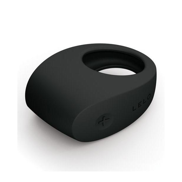 The LELO Tor 2 cock ring features a sleek black silicone design with a slightly raised side control button, engraved brand name LELO, waterproof exterior, and a rechargeable battery for convenience.