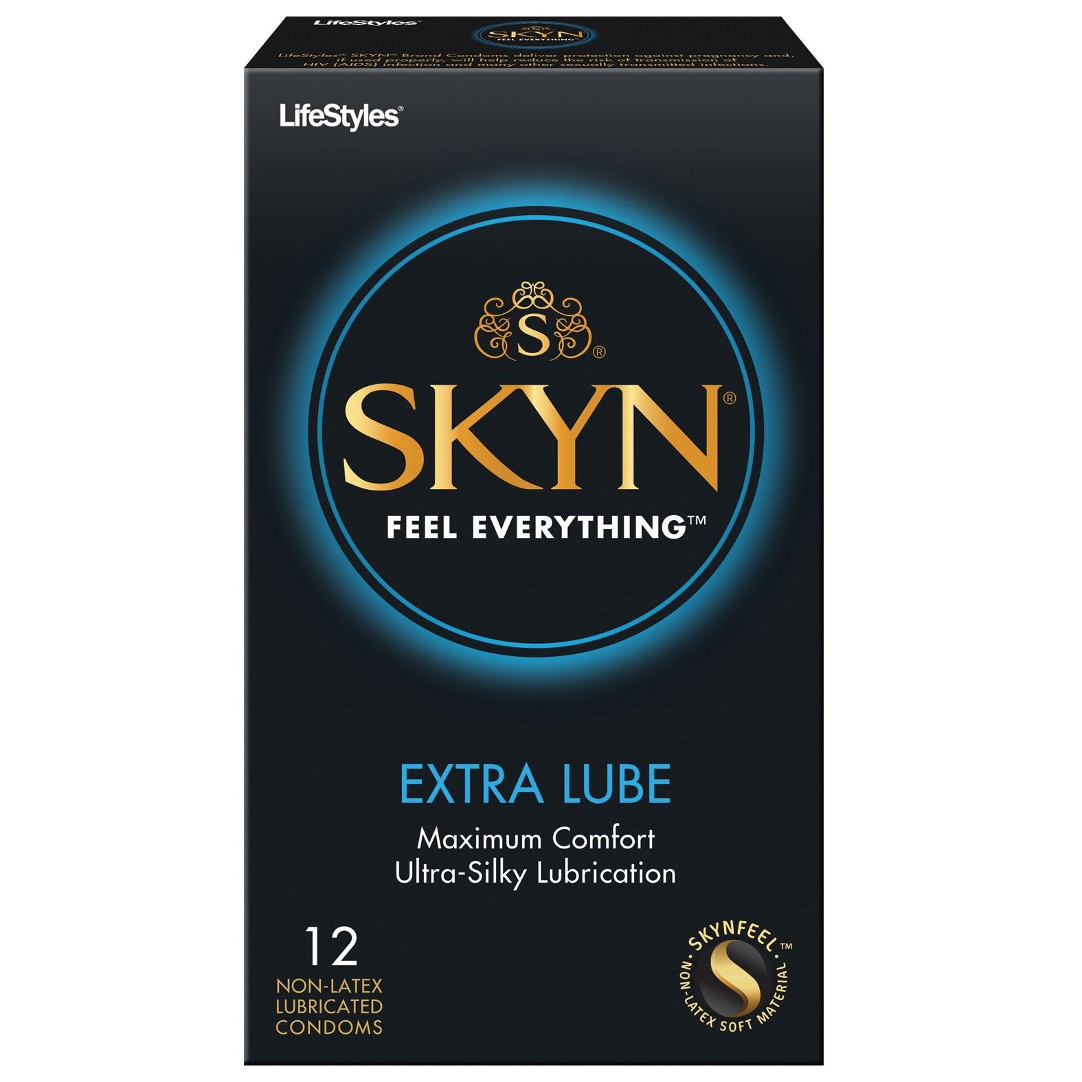 Image of LifeStyles SKYN Extra Lubricated Condoms box featuring Feel Everything and Maximum Comfort Ultra-Silky Lubrication. Contains 12 non-latex SkynFeel condoms with features described at the bottom.