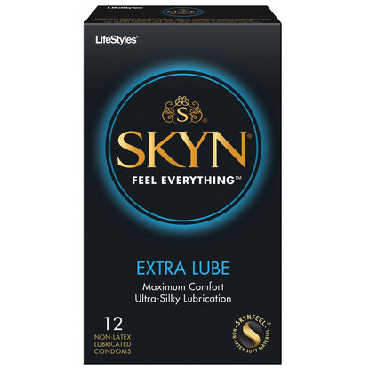 Image of LifeStyles SKYN Extra Lubricated Condoms box featuring Feel Everything and Maximum Comfort Ultra-Silky Lubrication. Contains 12 non-latex SkynFeel condoms with features described at the bottom.