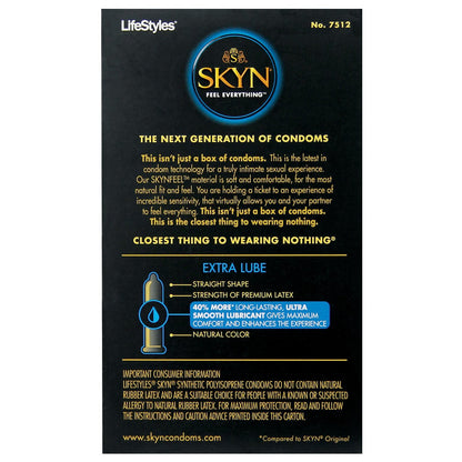 LifeStyles SKYN Extra Lubricated Condoms, the next generation of condoms, are made from premium polyisoprene with extra lube and a straight shape, featuring long-lasting SkynFeel lubricant for comfort and a natural color. Box of 12.