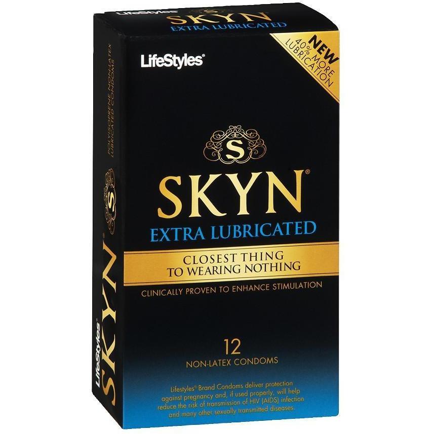 Box of 12 LifeStyles SKYN Extra Lubricated Condoms made from SkynFeel polyisoprene, featuring text: Closest thing to wearing nothing and Clinically proven to enhance stimulation. Contains non-latex condoms.