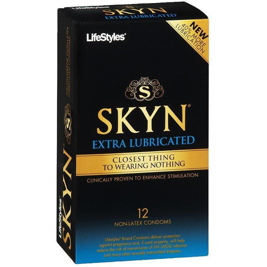 Box of 12 LifeStyles SKYN Extra Lubricated Condoms made from SkynFeel polyisoprene, featuring text: Closest thing to wearing nothing and Clinically proven to enhance stimulation. Contains non-latex condoms.