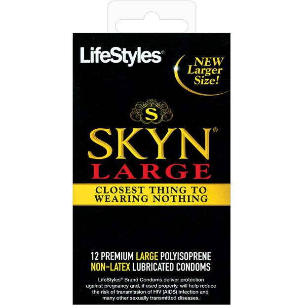 LifeStyles SKYN Large - Non Latex condoms, featuring a sleek black and gold design with New Larger Size! on the box, offer 12 premium polyisoprene condoms for ultimate comfort, labeled as the Closest Thing to Wearing Nothing.