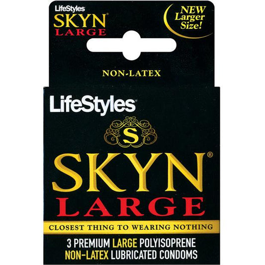 Image of a LifeStyles SKYN Large - Non Latex condom box. The packaging emphasizes non-latex and new larger size, promoting the experience as the closest thing to wearing nothing. The box is predominantly black with elegant gold and red accents.