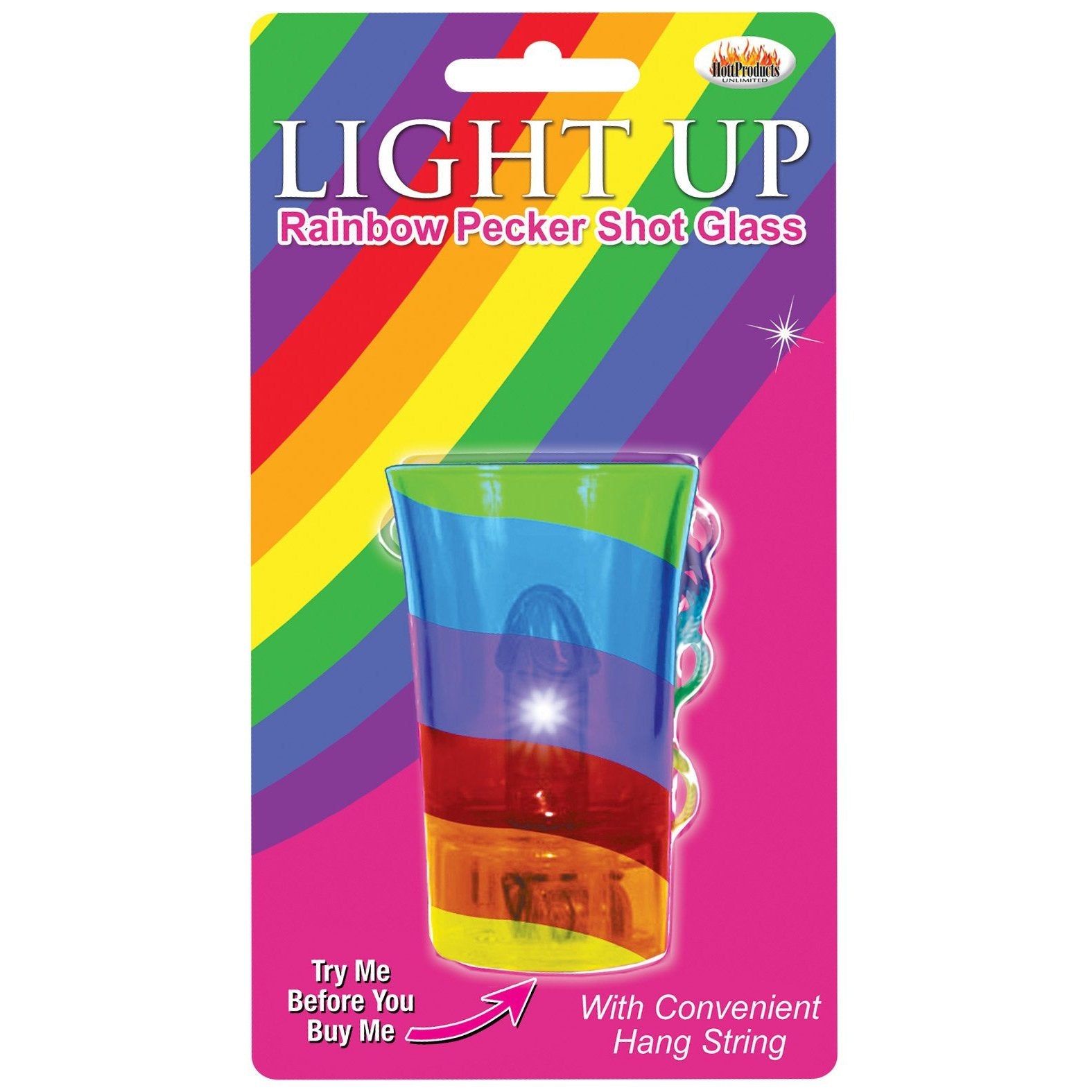 The Light Up Rainbow Pecker Shot Glass by Adams Toy Box features vibrant rainbow packaging and a clear plastic shot glass with colorful sections. Ideal for parties, it includes Try Me Before You Buy Me on the packaging and a convenient hang string for easy display.