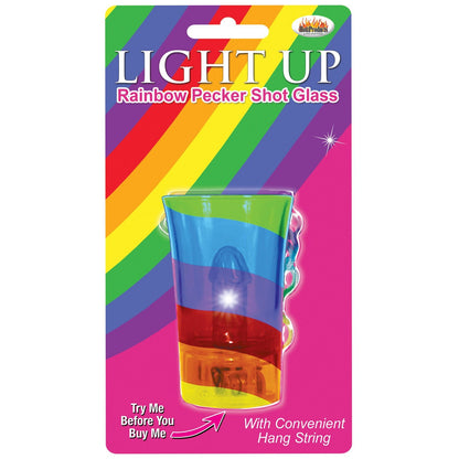 The Light Up Rainbow Pecker Shot Glass by Adams Toy Box features vibrant rainbow packaging and a clear plastic shot glass with colorful sections. Ideal for parties, it includes Try Me Before You Buy Me on the packaging and a convenient hang string for easy display.