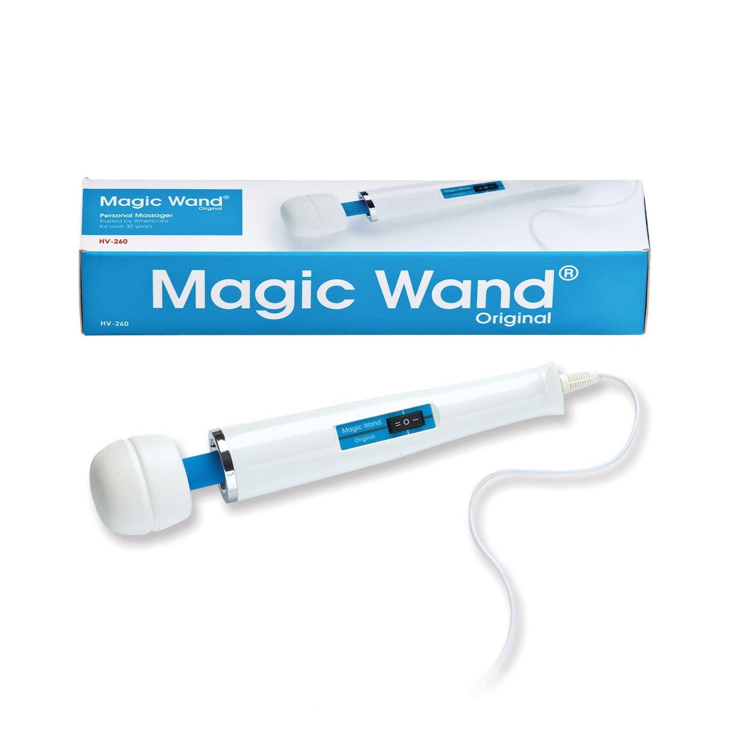 Image of the Magic Wand Original personal massager on a white background. This iconic device, perfect for soothing massages, is white with blue accents and includes a power cord. The box is also displayed, featuring the product name and a small image of the massager.