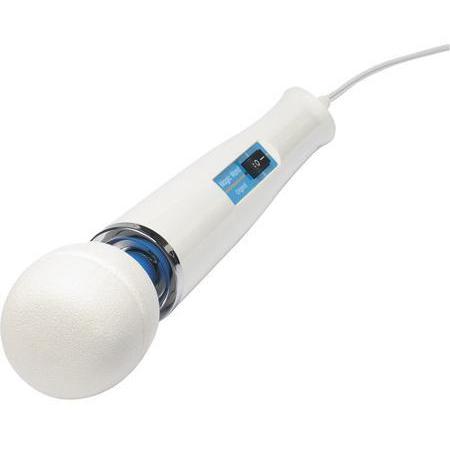 The Magic Wand Original is a white personal massager with a cord, featuring a rounded head, blue label, and black switch on the handle for soothing massages.