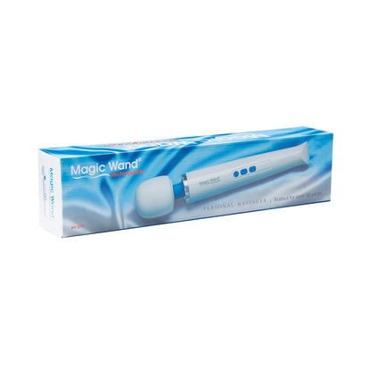 The Magic Wand Unplugged Rechargeable massager in blue and white features a long handle and rounded head, showcased on the box. Its highlighted as a trusted rechargeable vibe for over 50 years.