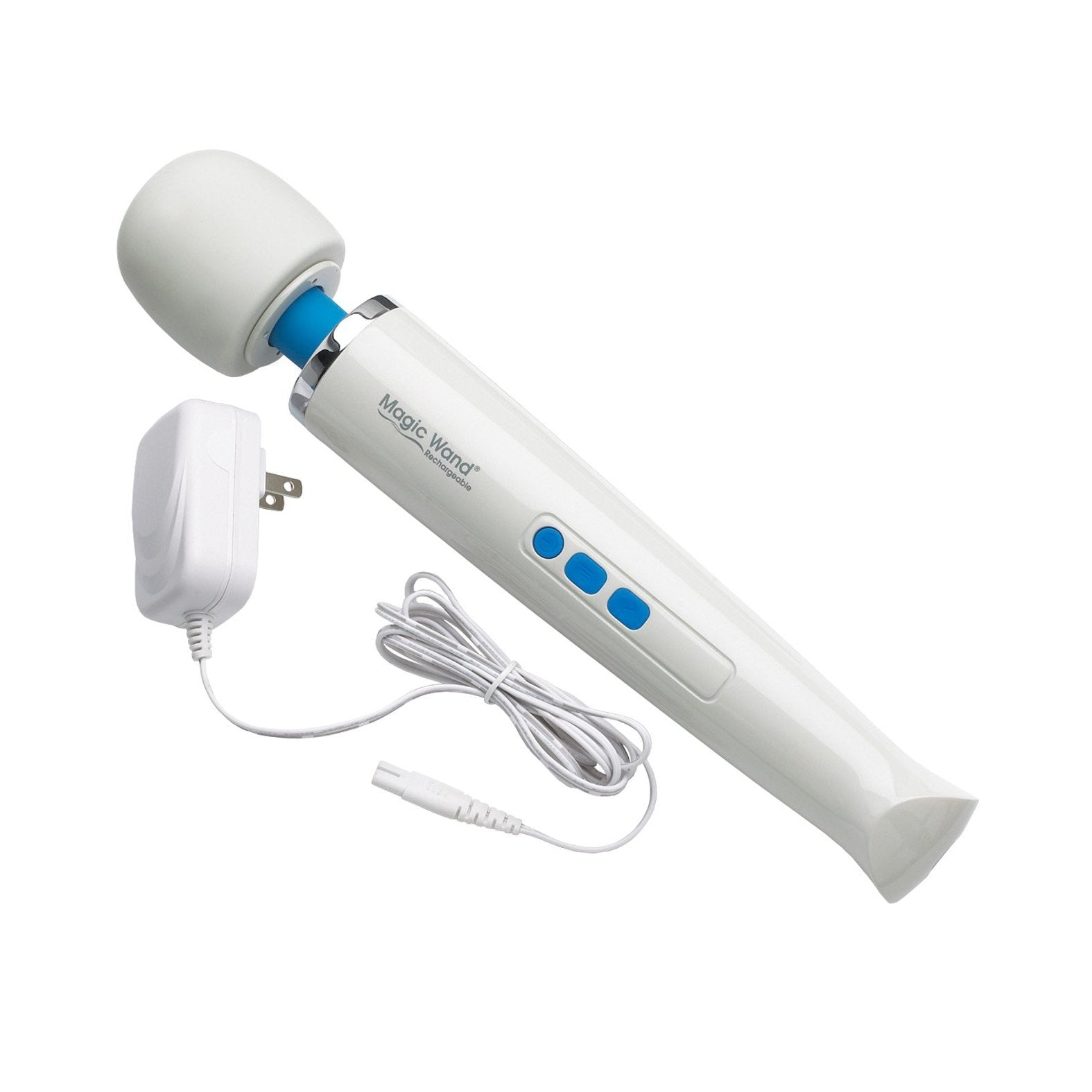 The Magic Wand Unplugged Rechargeable is a white handheld massager featuring a rounded head and blue buttons on the handle, offering soothing relief. This rechargeable vibe comes with a power cord and plug for easy charging.