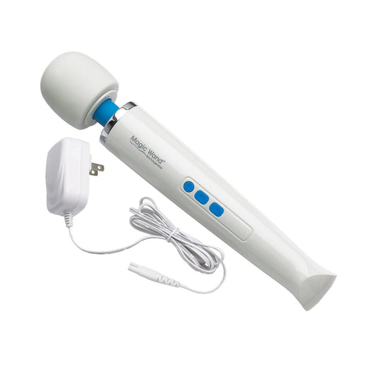 The Magic Wand Unplugged Rechargeable is a white handheld massager featuring a rounded head and blue buttons on the handle, offering soothing relief. This rechargeable vibe comes with a power cord and plug for easy charging.