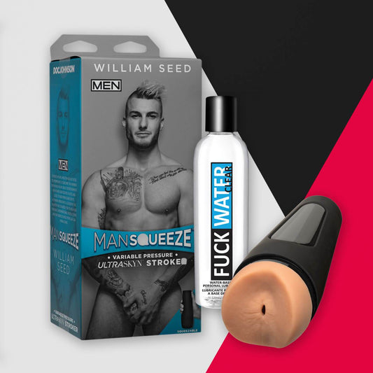 Introducing the Make Me Jizz Kit! William Seed by Adams Toy Box, featuring a Mansqueeze-branded stroker. The packaging showcases a muscular shirtless man and includes a Fuck Water bottle, set against a bold red, black, and white background.
