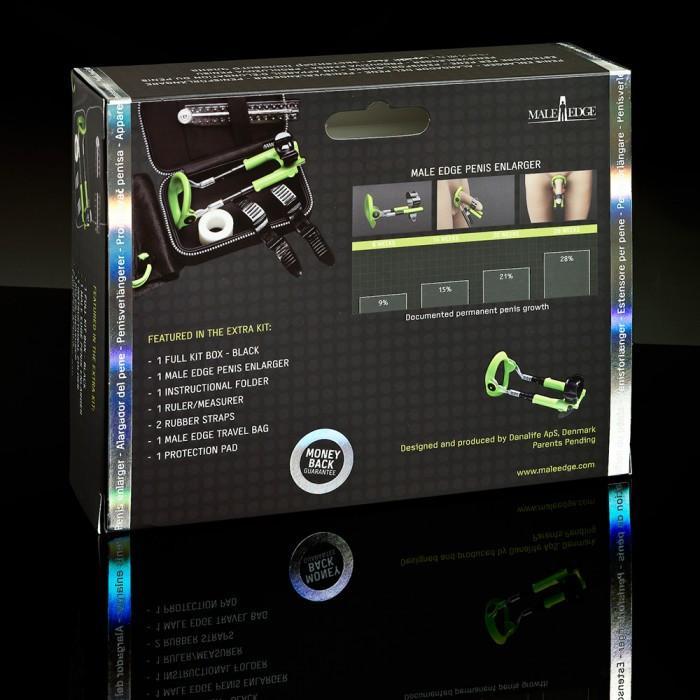 The Male Edge Extra Penis Enlarger Kit showcases images of the sleek green and black device on its packaging. It includes a toolbox, instructional folder, and travel bag. With claimed documented growth, this product stands out as an effective choice in the Male Edge Program.