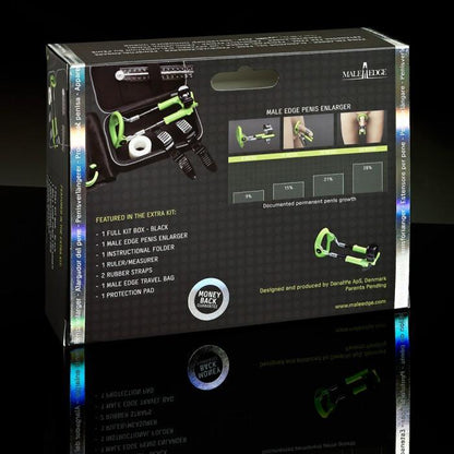 The Male Edge Extra Penis Enlarger Kit showcases images of the sleek green and black device on its packaging. It includes a toolbox, instructional folder, and travel bag. With claimed documented growth, this product stands out as an effective choice in the Male Edge Program.