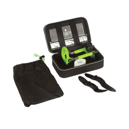 A fly tying kit containing various tools in a zippered case, including a spool holder, bobbins, and hooks, with a black drawstring pouch beside it. Ideal for hobbyists and amateurs, this stylish set complements outdoor gear just as the Male Edge Extra Penis Enlarger Kit enhances personal care essentials.