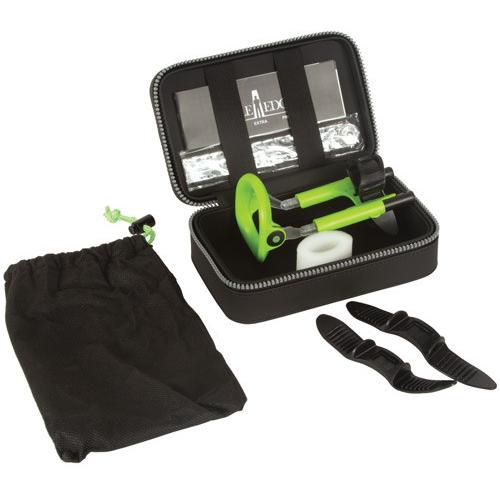 An open carrying case displays a green and black archery bowstring wax tool set with a wax stick, stringers, and more, as precise as the Male Edge Extra Kit. A sleek black drawstring bag is beside the case.