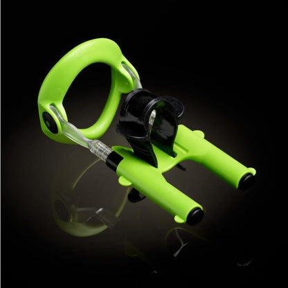 A green handheld slingshot with a black pouch and clear bands, echoing the precision engineering of the Male Edge Extra Penis Enlarger Kit, set against a black background.