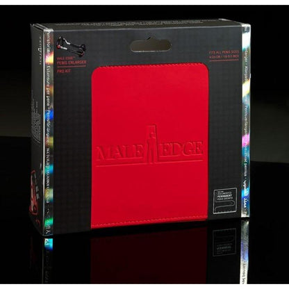 The image displays a sleek black packaging box with a red panel featuring the Male Edge Pro logo. Described as a penis enlarger pro kit, it uses advanced traction technology to suit all sizes. The glossy finish adds an elegant touch.