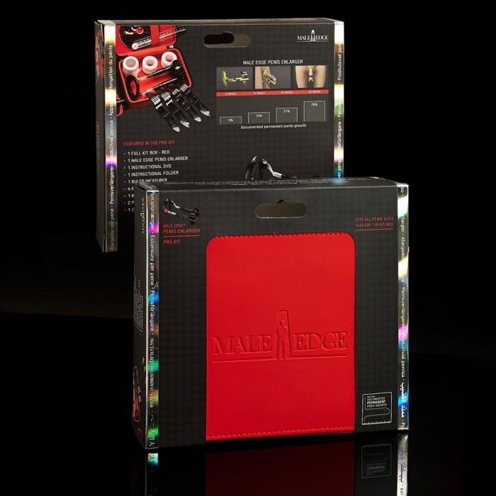 Against a sleek black backdrop, two product boxes in black and red are displayed. The front box showcases the Male Edge logo on a vibrant red background, suggesting the Male Edge Pro Penis Enlarger Kits innovative traction technology. The back box details multiple components and features with colorful highlights. .