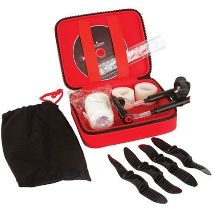 A red and black case includes a trumpet maintenance kit with a cleaning cloth, brush, valve oil, CD, and four black mouthpiece brushes featuring traction technology. Next to the case is an additional black drawstring bag.