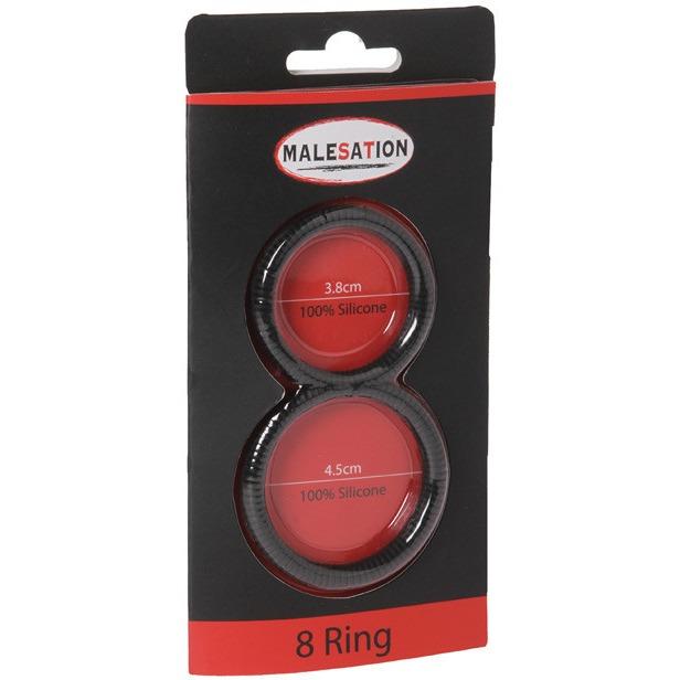 Packaging of two Malesation 8 Ball C-Ring black silicone rings for increased stamina and ball stretching, with sizes 3.8 cm and 4.5 cm shown on red labels inside the clear plastic cover.