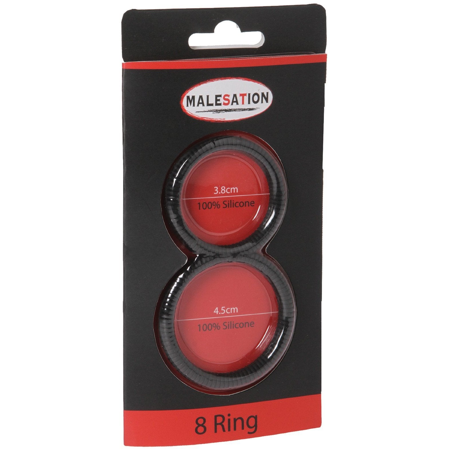 The Malesation 8 Ball C-Rings packaging features two black silicone rings for ball stretching and stamina, available in 3.8 cm and 4.5 cm sizes. They are nestled in a sleek black and red box with a display cutout, boasting labels confirming theyre made of 100% silicone.