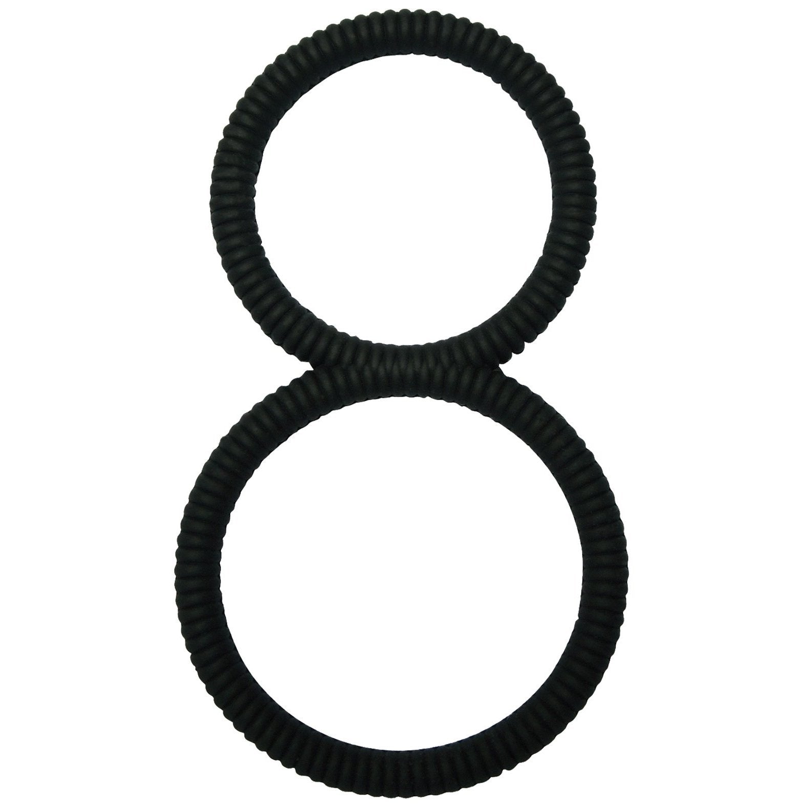 The Malesation 8 Ball C-Ring features two black, textured circular rings positioned vertically and slightly overlapping to form a figure-eight on a white background, designed for increased stamina and ball stretching with a sleek appearance.