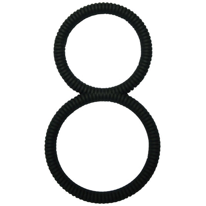 The Malesation 8 Ball C-Ring features two black, textured circular rings positioned vertically and slightly overlapping to form a figure-eight on a white background, designed for increased stamina and ball stretching with a sleek appearance.