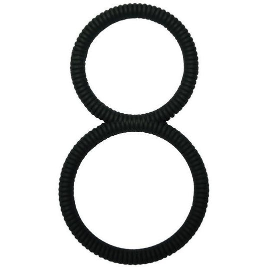 Two black, ribbed circular hair ties are vertically aligned and touching each other on a white background, resembling the shape of a Malesation 8 Ball C-Ring.