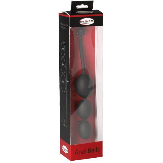 A package of Malesation Anal Balls is displayed. The packaging is mostly black and red with a clear front, revealing the ergonomically designed black anal balls made from medical-grade silicone.