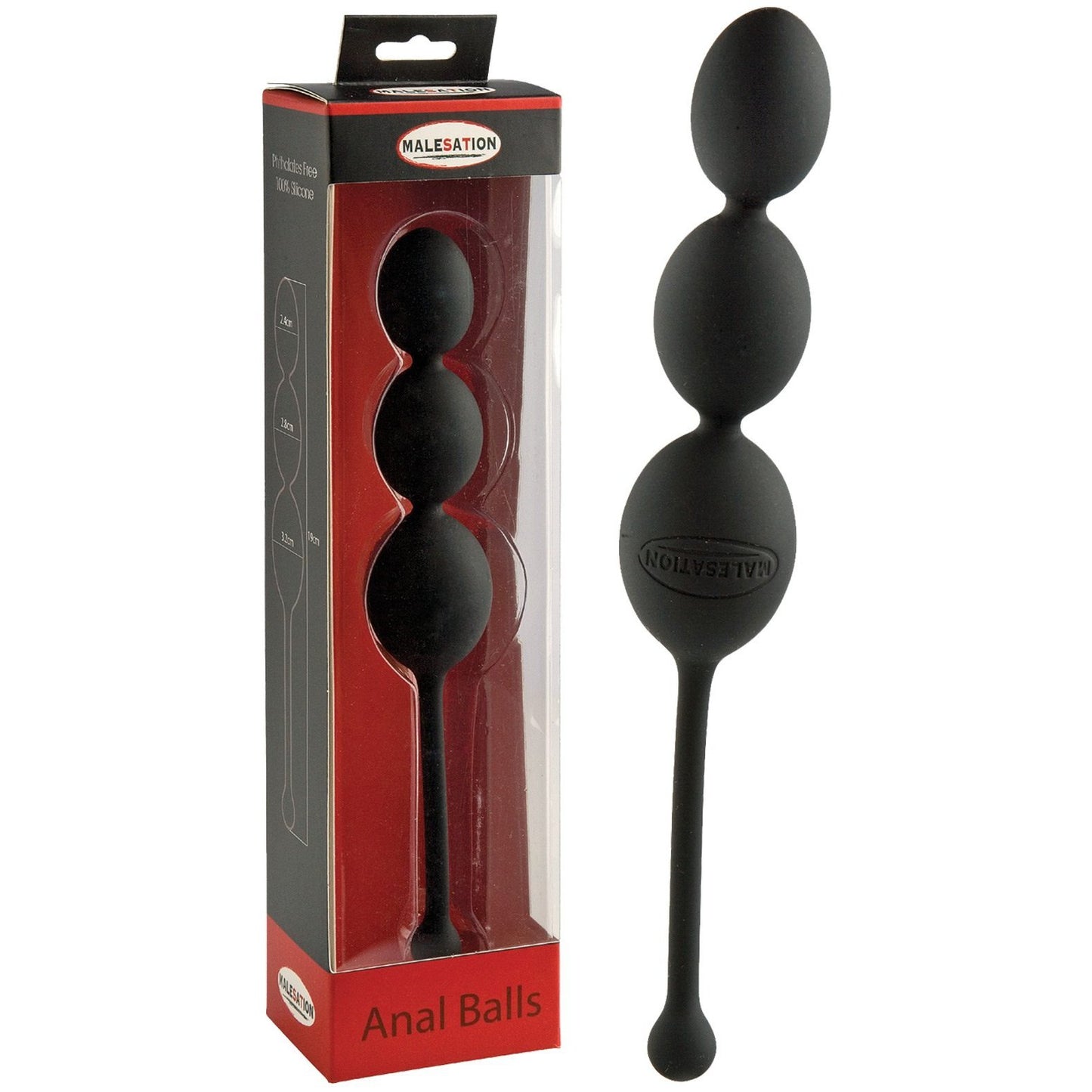 The Malesation Anal Balls by Malestation are displayed with their ergonomically designed black anal balls visible in the red and black packaging. The toy, made of medical-grade silicone, includes three smooth connected spheres and a flexible handle showcased through clear plastic.