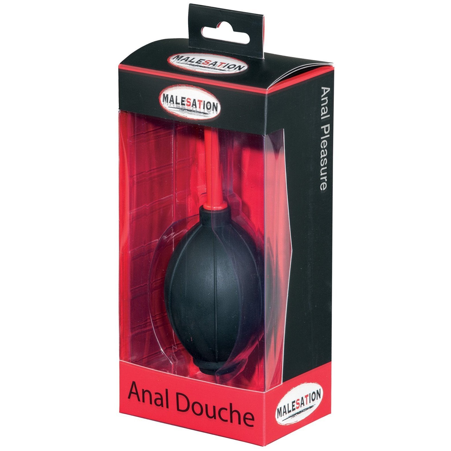 The Malesation Anal Douche has a sleek, hypoallergenic TPR and PVC design with a black bulb and red nozzle. The packaging features a clear front, showcasing the product against a striking red and black backdrop.