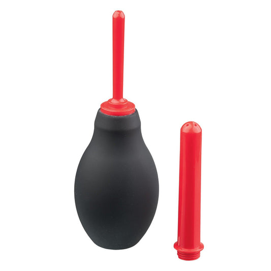 The Malesation Anal Douche by Malesation is a black and red enema bulb syringe featuring a spherical TPR and PVC bulb. It includes two detachable hypoallergenic red nozzles, designed for an effective anal douche experience.