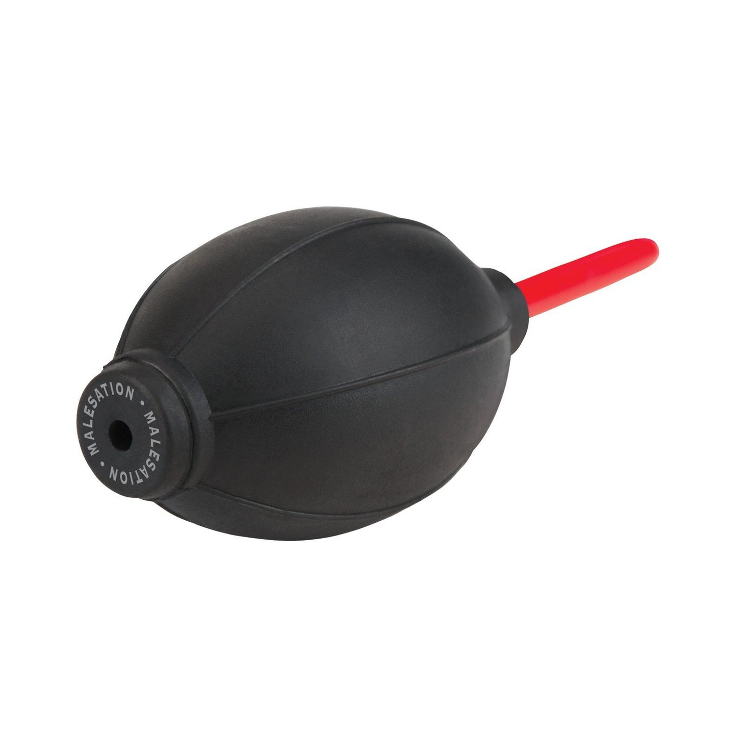 The Malesation Anal Douche is a black rubber oval-shaped bulb pump with visible seams and MALESATION in white. It features a thin, red nozzle made from hypoallergenic TPR and PVC materials, ensuring safe use.