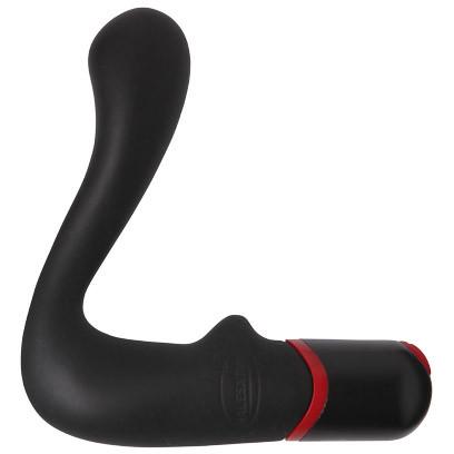 The Malesation Anal Stimulator by Malestation is a black ergonomic massage tool made from body-safe silicone, featuring a curved design with a striking red accent.