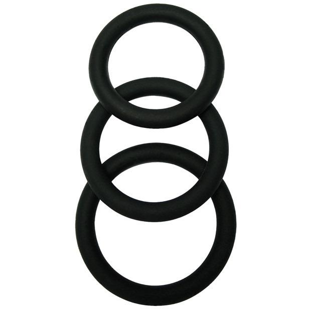 The Malesation Cock Ring Set, featuring three black silicone rings in different sizes, is stacked vertically against a plain white background, with the largest at the bottom and the smallest on top.