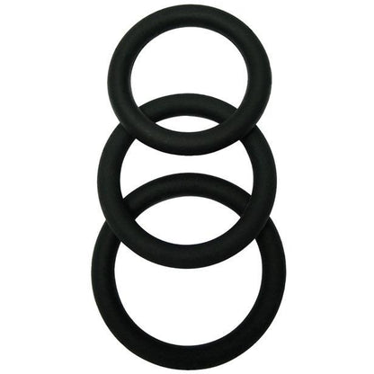 The Malesation Cock Ring Set, featuring three black silicone rings in different sizes, is stacked vertically against a plain white background, with the largest at the bottom and the smallest on top.