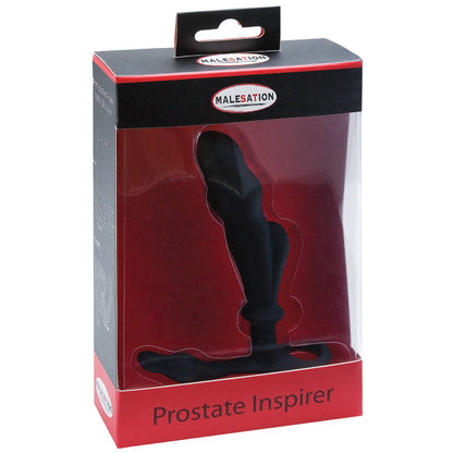 The Malesation Prostate Inspirer packaging features a sleek black prostate stimulator visible through its transparent front, with a predominantly black and red design highlighting the product name. This silicone toy is designed for ultimate P-spot stimulation.